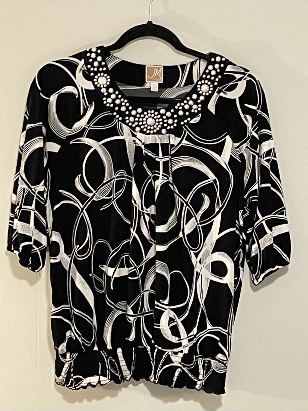 Black & White Beaded Scoop Neck Blouse